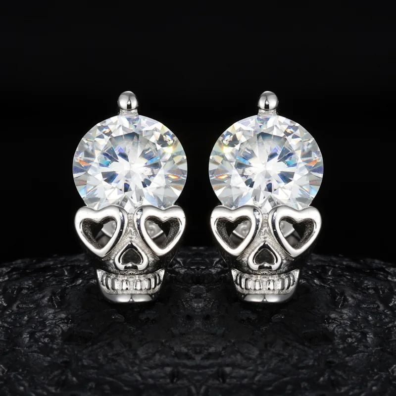 1Pair S925 Sterling Silver Hip Hop Moissanite Paved Bling Ice Out Skeleton Skull Stud Earrings for Men Rapper Jewelry