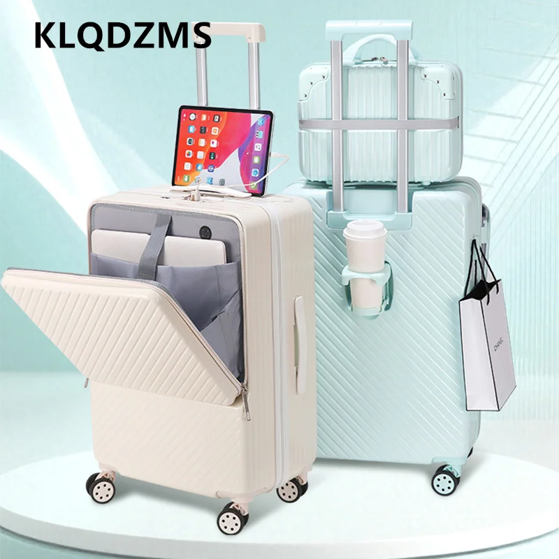 

KLQDZMS Laptop Suitcase Front Opening Boarding Case 20"22"24"26 Inch Trolley Case Travel Set Women's ABS+PC Rolling Luggage