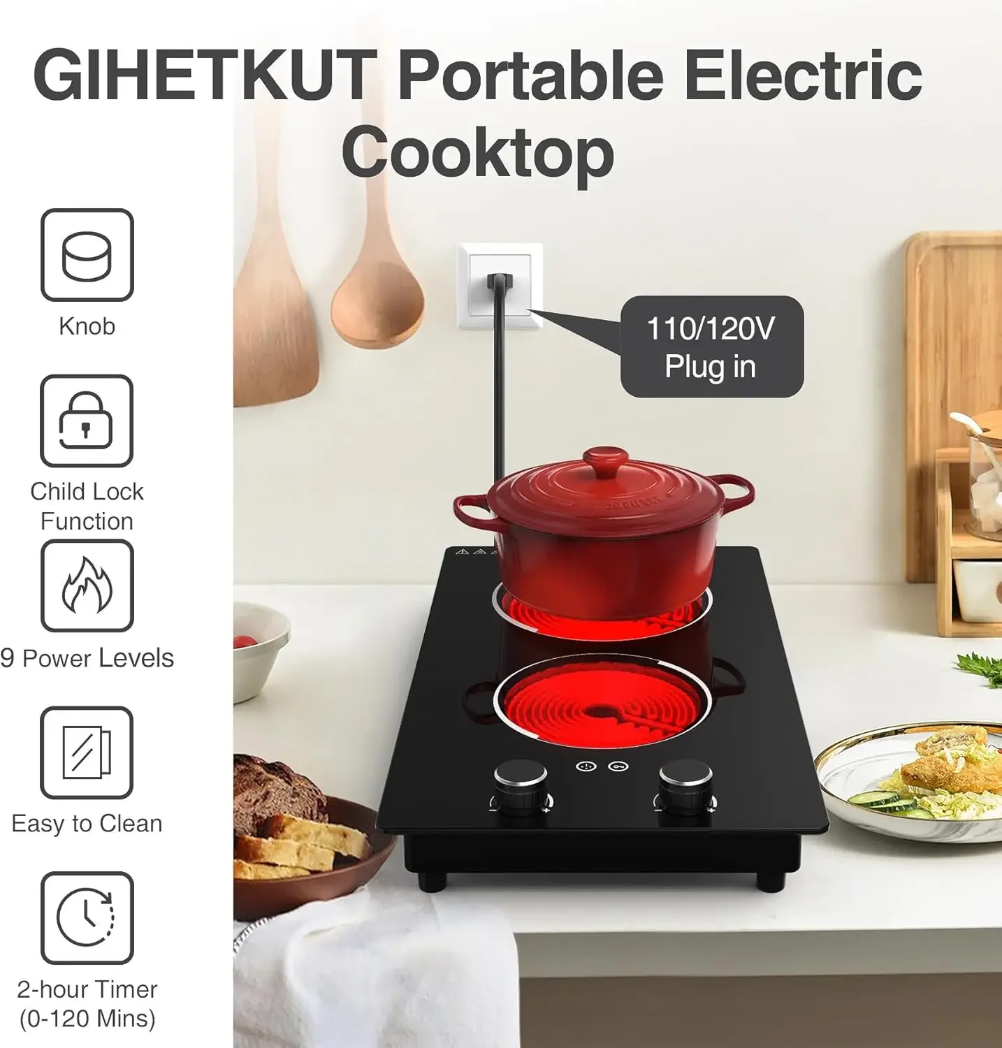 110V 2100W Electric Stove Top with Knob Control, 10 Power Levels, Kids Lock & Timer, Hot Surface Indicator