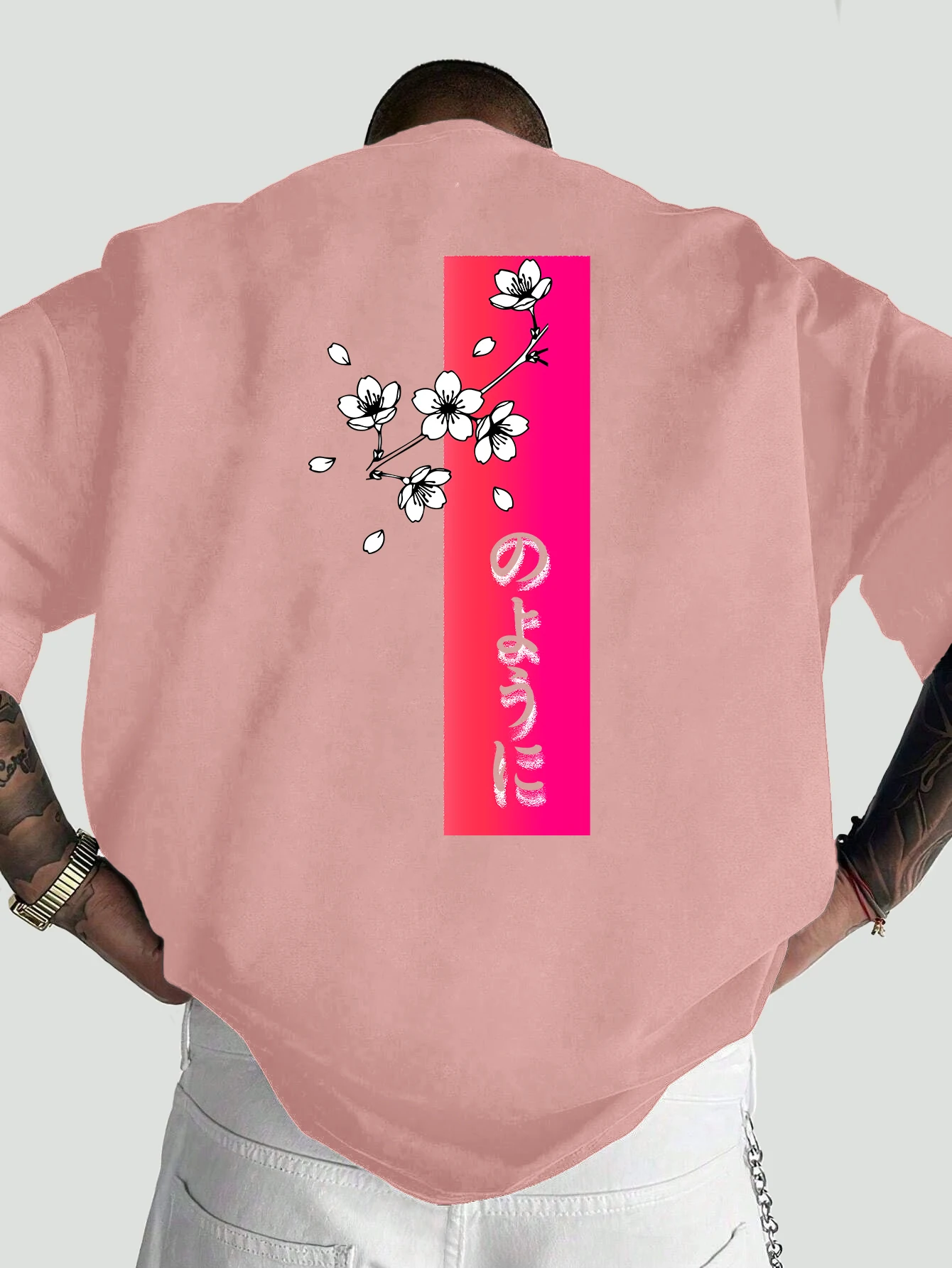 Vintage Sakura Petals Japanese Hiragana Gradient Rectangle Back Print Oversized T Shirt Men Crew Neck Daily Loose Top