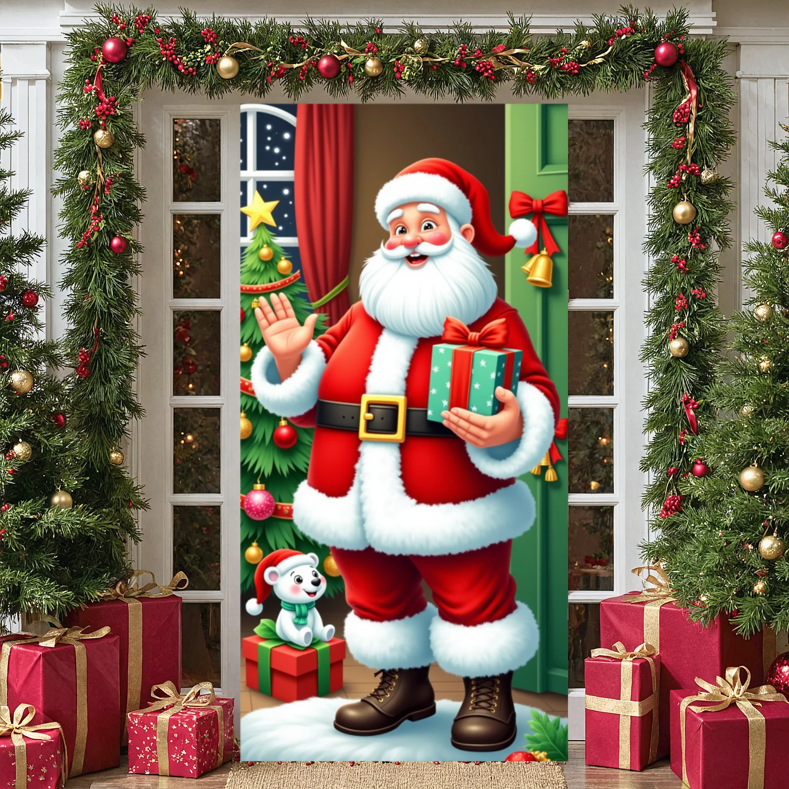Holiday Banner Red Santa Design Xmas Background Christmas Display Cute Polar Bear Santa Claus Display For Santa Themed Party