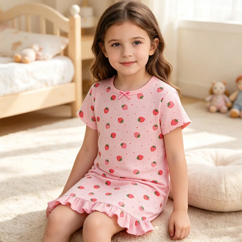 Little Hand Girl's  Short Sleeve Nightgowns Cotton Sleep Shirts Sleepwear Strawberry Print SleepDress Summer Pajama for Kids3‑10
