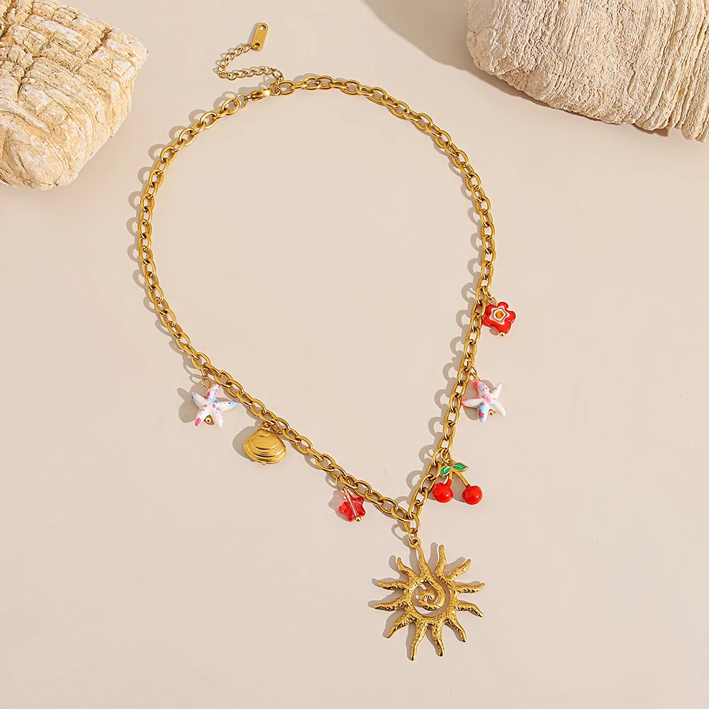 

Freetry Exquisite Stainless Steel Choker Necklace Women Cute Red Cherry Strawberry Flower Heart Pendant Necklace Clavicle Chain