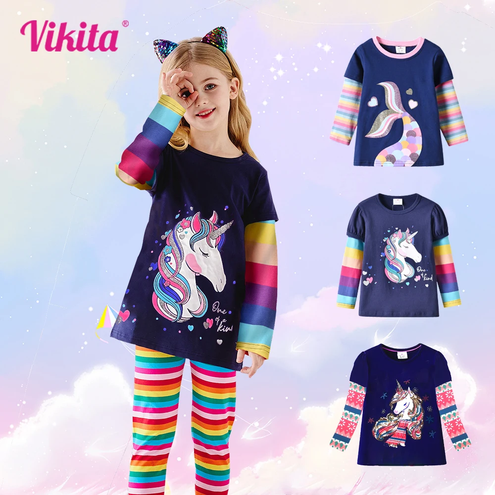 

VIKITA Girls Unicorn Mermaid Sequins T Shirt Spring Autumn Long Sleeve Tops Casual Wear Girls Shirt Cotton T-Shirt 3-12T