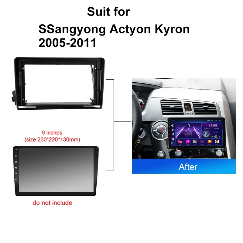 2 Din Dashboard Mount Kit For SSangyong Actyon Kyron 2005-2011 9 Inch Android Car Radio Stereo Fascia Frame wire Adaptor panel