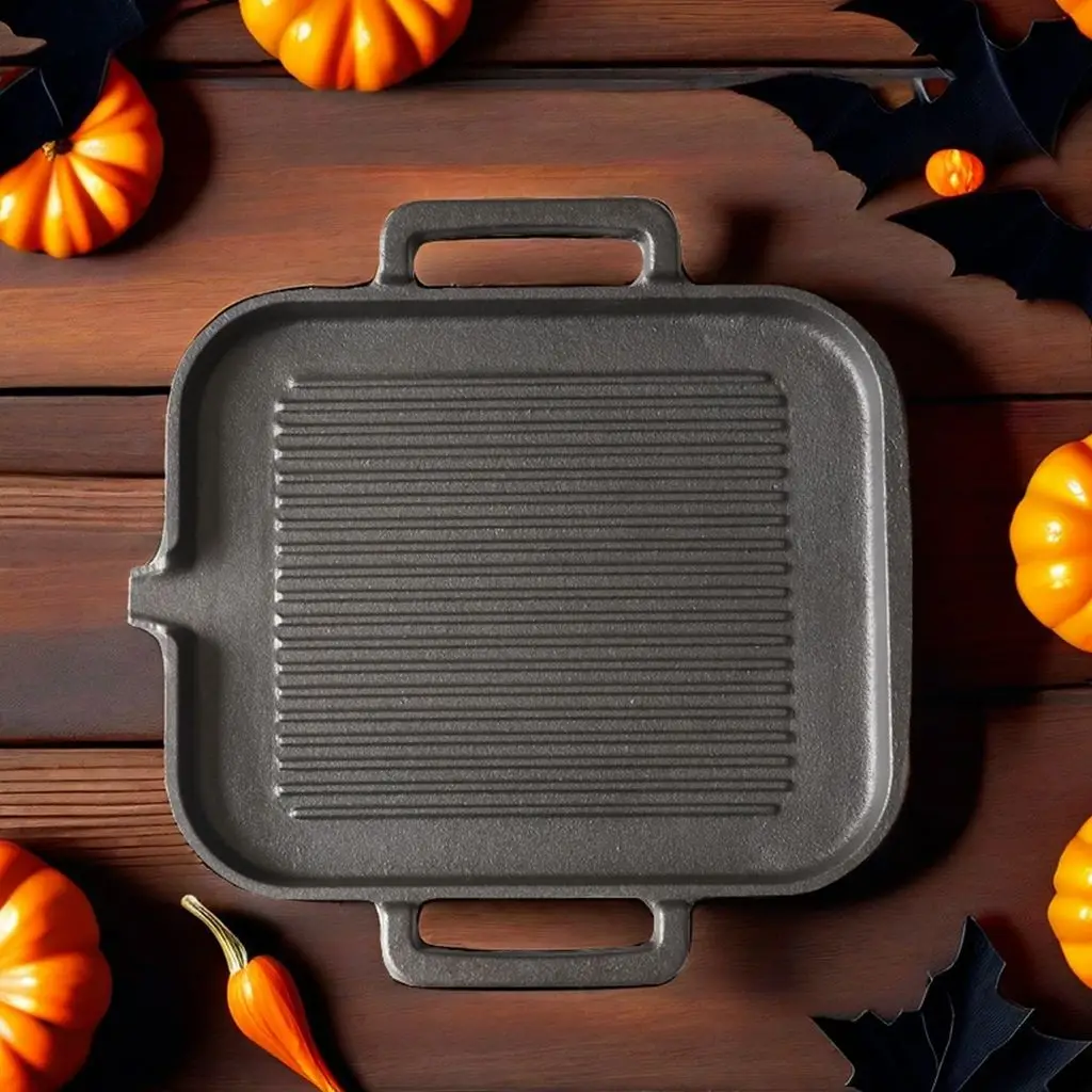 Cast Iron Square Grill Pan Non-Stick Griddle Plate With Dual Handles For BBQ Camping Cooking Indoor Outdoor Kitchen Cookware