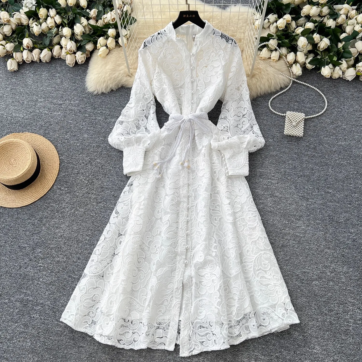 

Spring Autumn Hollow Out Crochet Lace Embroidery Women Dress Stand Long Lantern Sleeves Single Breasted Party Birthday Dress