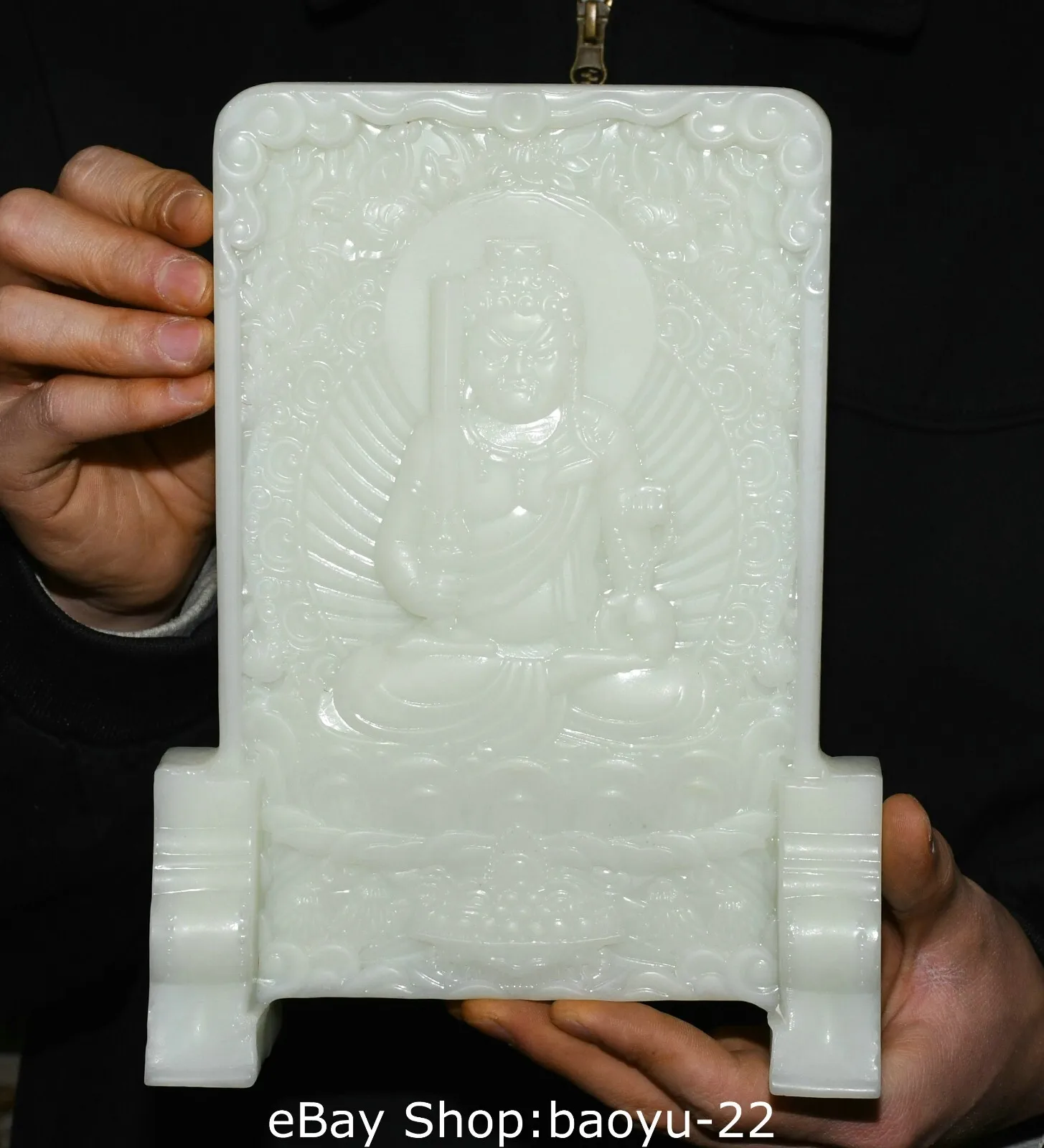 10'' Old Tibet White Jade Carved Fudo Myo-o、/ Acalanatha Buddha Screen Statue