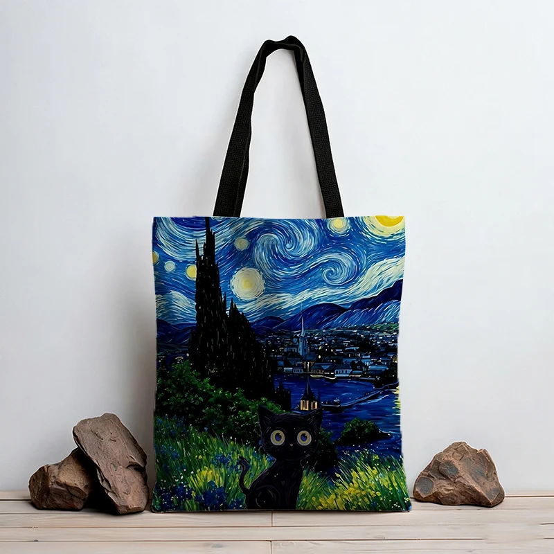 V-Van Gogh Series Shoulder Bag High Capacity Eco Reusable Women Men Casual Shopping Tote Pouch Kawaii Cartoon Print Handbags