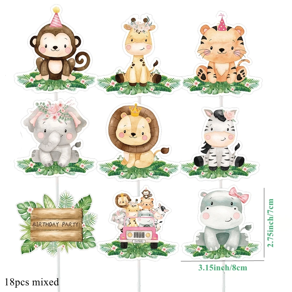 18pcs Carton Animal Cupcake Topper Pink Paper Toppers for Girl's Jungle Safari Birthday Party Cake Decoration DIY Cake Supplies