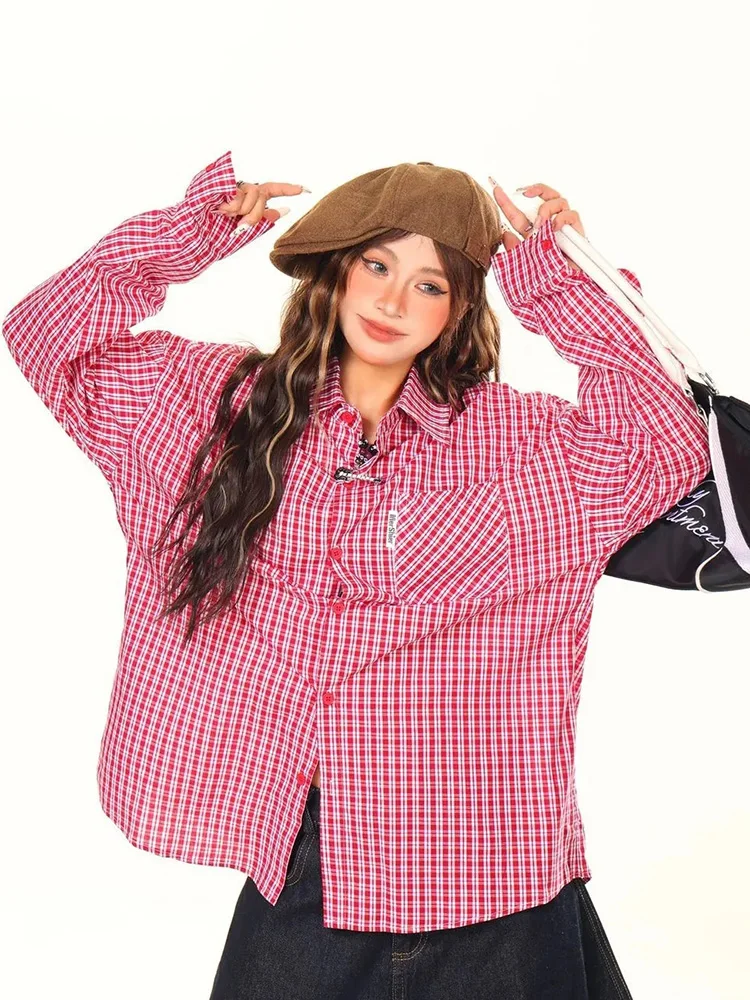 

Винтажная красная рубашка в клетку для женщин, свободная, с длинным рукавом, в американском ретро-стиле, повседневная уличная одежда, в стиле Харадзюку, оверсайз, топы в стиле хип-хоп