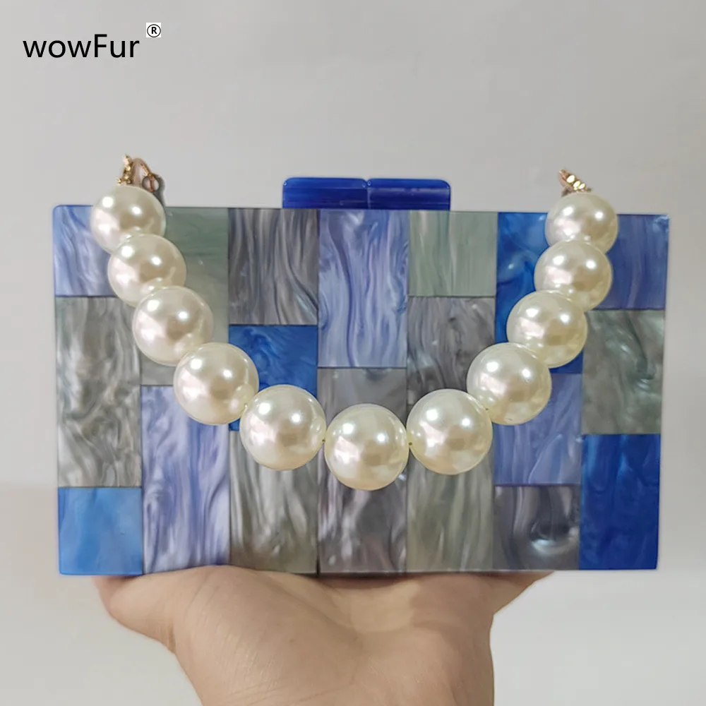 Pearl Plaid Blue Shell Marble Luxury Acrylic Box Clutches Handbags Purses Women Messenger Retro Elegant Party Prom Evening Bags