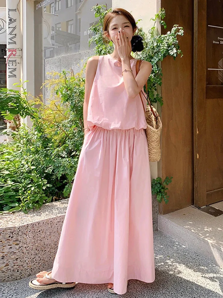 LANMREM Sweet Solid Color Two-piece Set For Women O-neck Sleeveless Tops With Casual Skirt 2024 Summer New Clothing 2Z1344