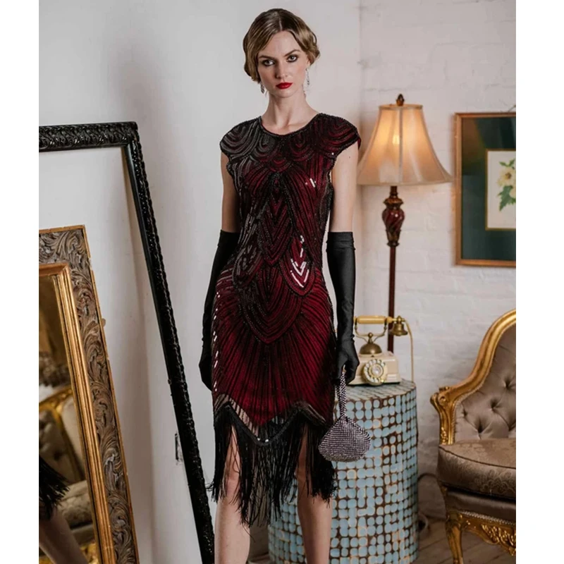 Women's Retro 1920s Beaded Sequined Leaf Art Deco Gatsby Flapper Dress Gatsby Party Evening Sequins Fringed Dresses Gown Dress