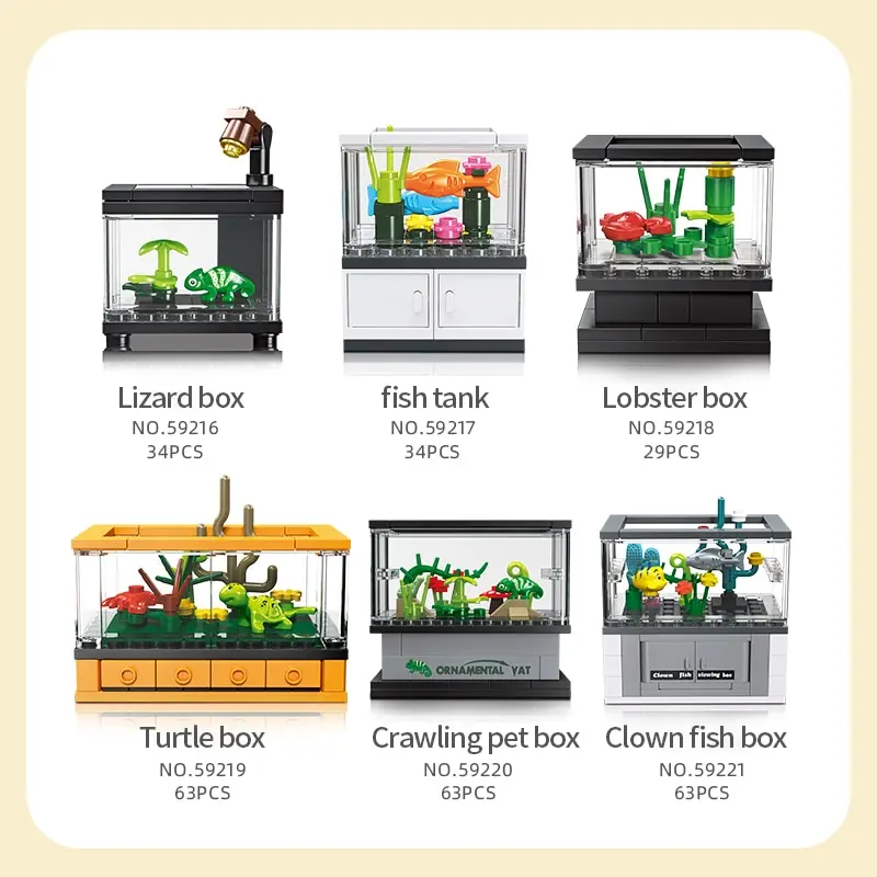 Micro Fish Tank Series Building Blocks Set Clownfish Lobster Display Box Model Children Creative Diy Educational Bricks Toys