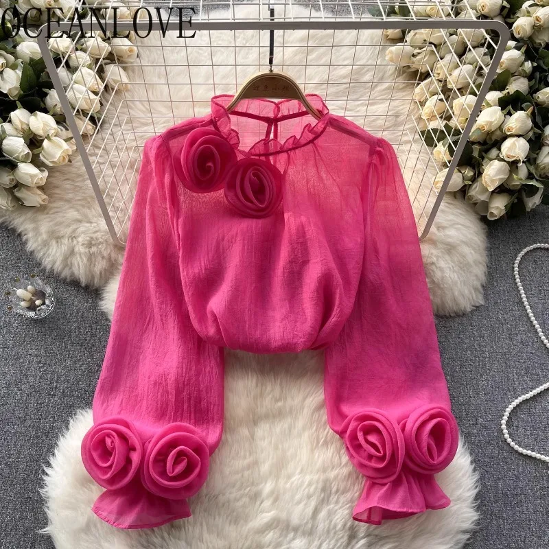 

OCEANLOVE Puff Sleeve 3D Flower Women Shirts&blouses Solid Spring Autumn Vintage Blusas Feminina Korean Fashion Elegant Tops