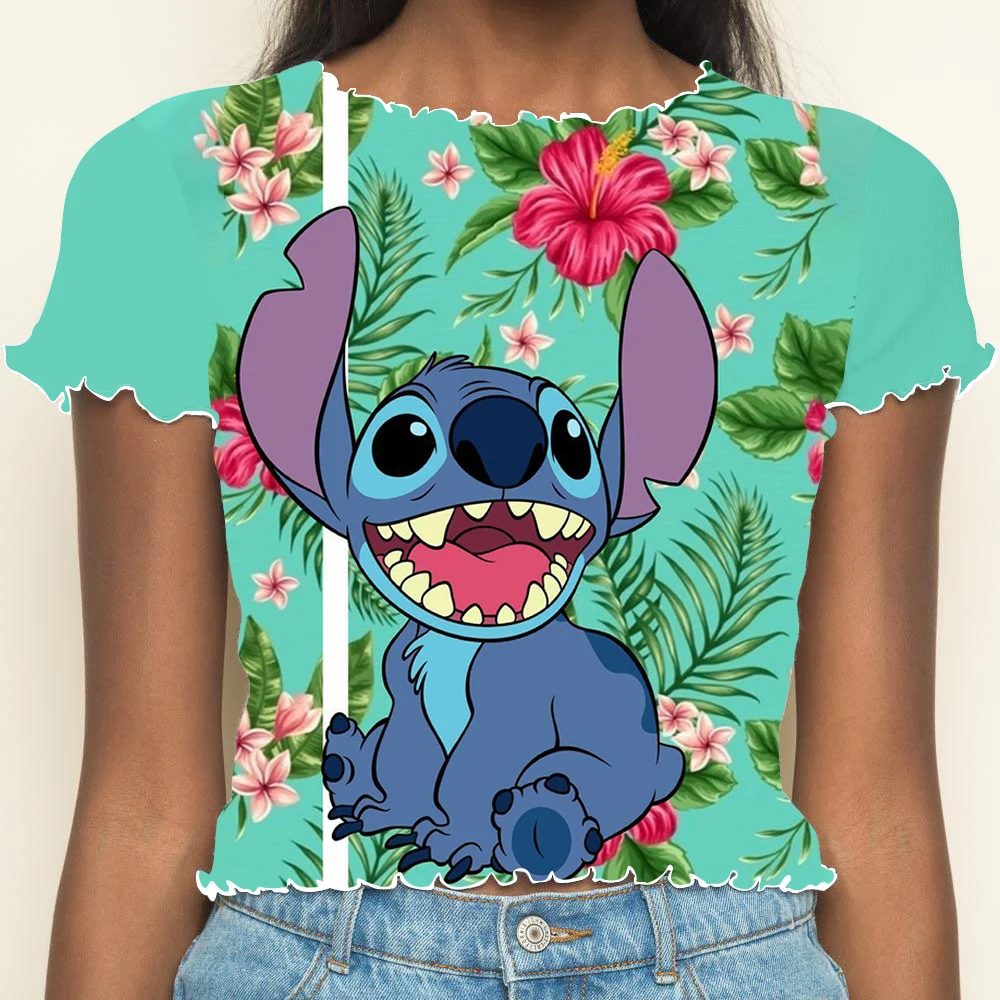 Crop Top Woman Clothing T-shirts Short Sleeve Lettuce Trim Summer Clothes Women 2024 Tops Sexys Disney T-shirt Stitch Y2k Disney