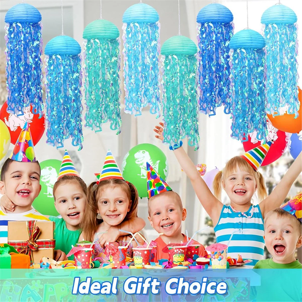 A002 Paper Lanterns Set, 8Pcs Jellyfish Decorations for Under the Sea Partys Decorations Supplies, Jellyfish Lanterns Blue