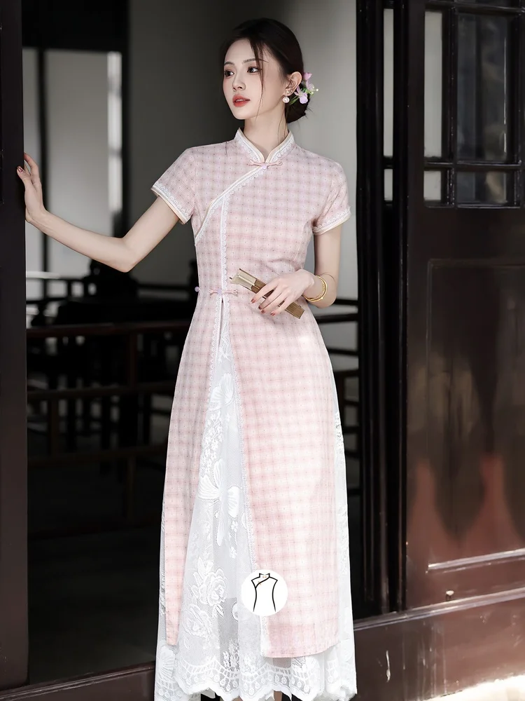 

Женское приталенное розовое ципао в китайском стиле, традиционное длинное платье с низким разрезом, коротким рукавом, дышащее, удобное для повседневной носки