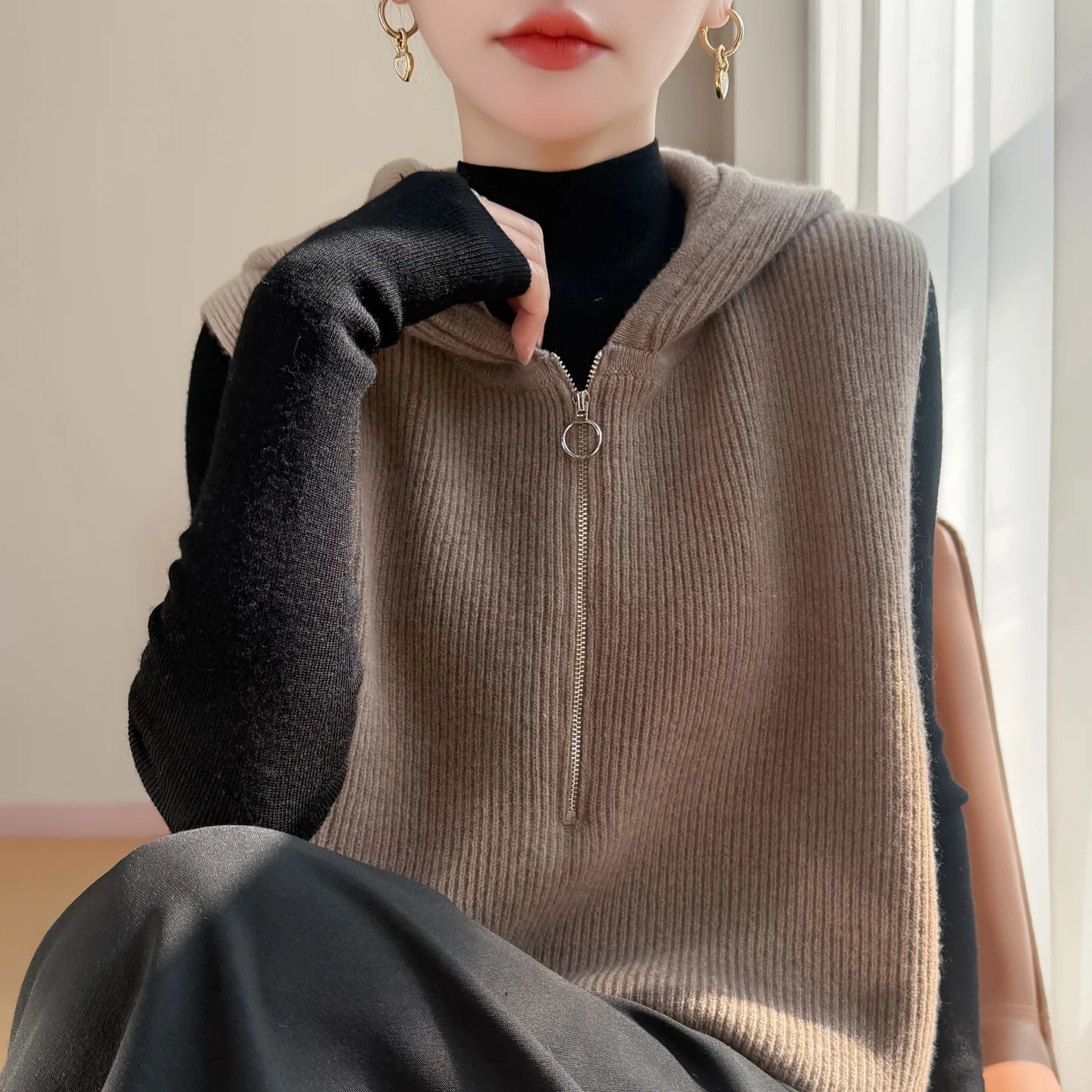 

Повседневный вязаный жилет-худи женский свободного кроя с молнией, из мягкой ткани, с длинными рукавами, цветной, для ношения под одеждой, осенний