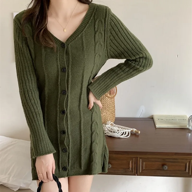 Slim Fit V-Ne Long Sve Knitted Dr Women's Single Button Twist oulder Base Layer Wrap around Skirt Dr