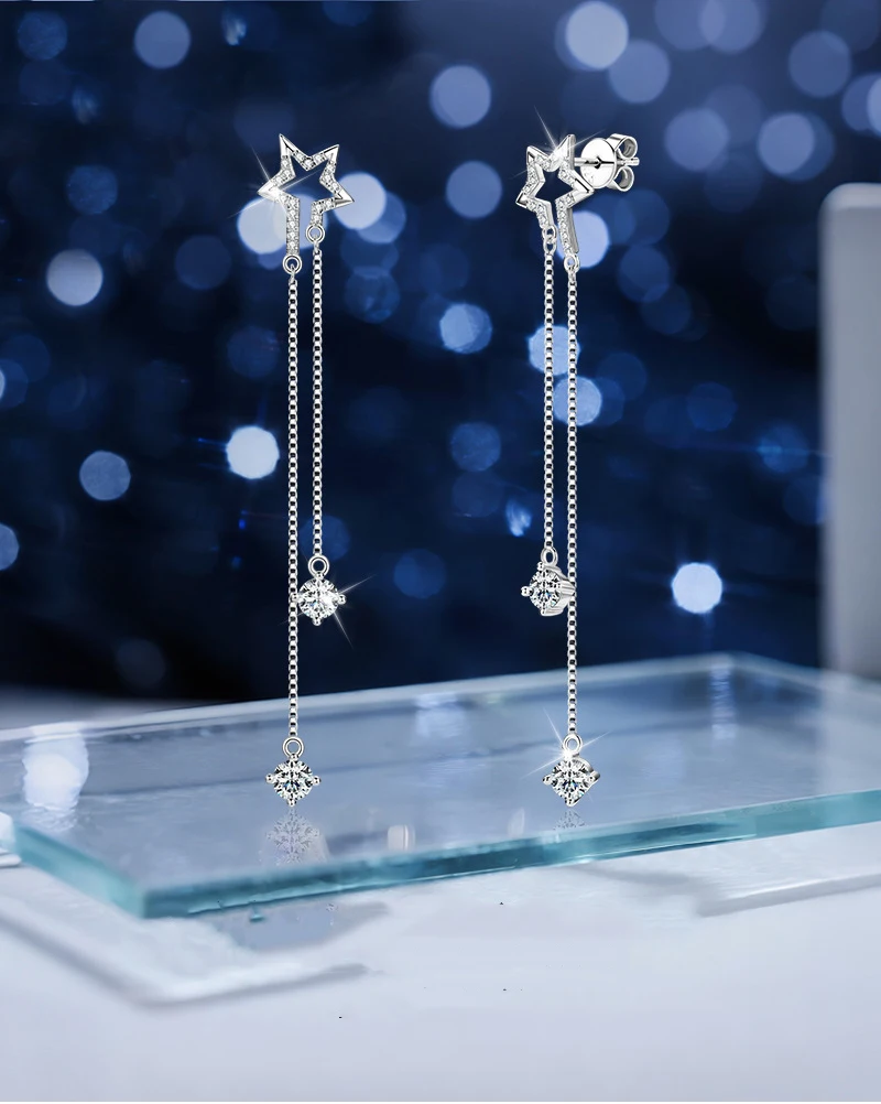 

Women's Moissanite Star Drop Earring with Genuine 925 Sterling Silver Chain Tassel Jewelry Gift
