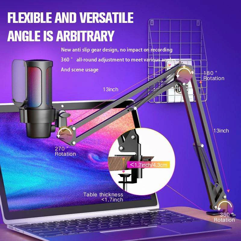 USB Gaming Microphone Computer Mic Kit RGB Lighting Cardioid Mode Pick-up Quick Mute and Gain Knob with Boom Rack for Gaming