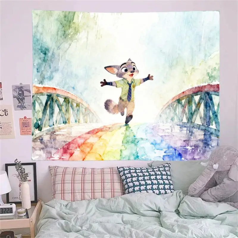 1개입 주토피아 닉 와일드 레인보우 태피스트리, 수채화 벽 예술 모던 폴리에스터 장식 거실 침실 기숙사용, 팬들을 위한 선물