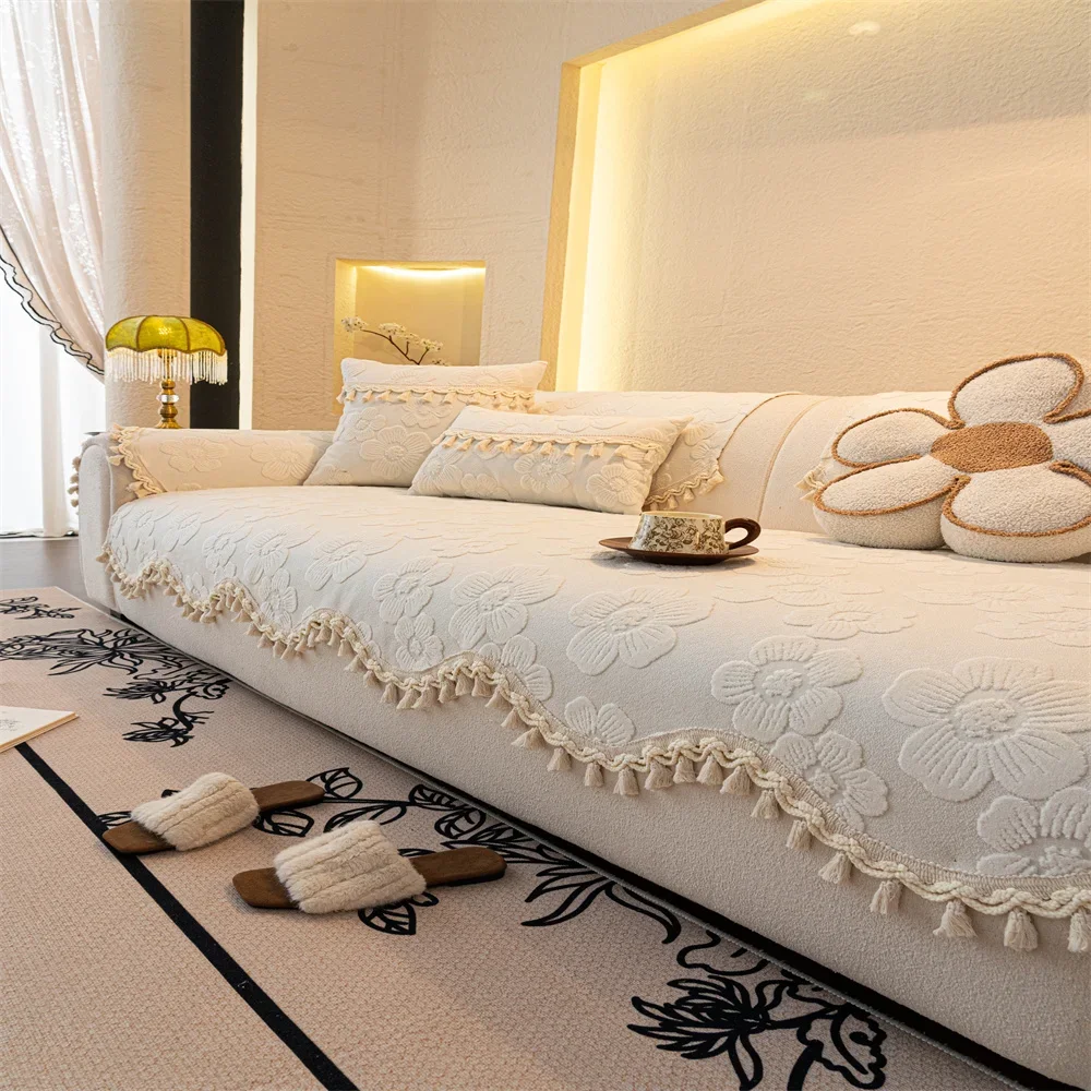 Retro Chenille Sofa Cushion Cover Universal Non-Slip Fixed Straight Row All-Seasons Slipcover for Home Comfort
