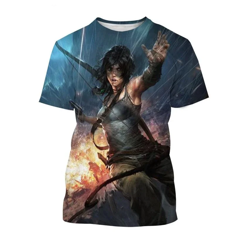 New Best-selling Tomb Raider 3D Printed T-shirt Fashion Casual Lara Personality Men and Women Cool Street Style Crewneck Quick-d