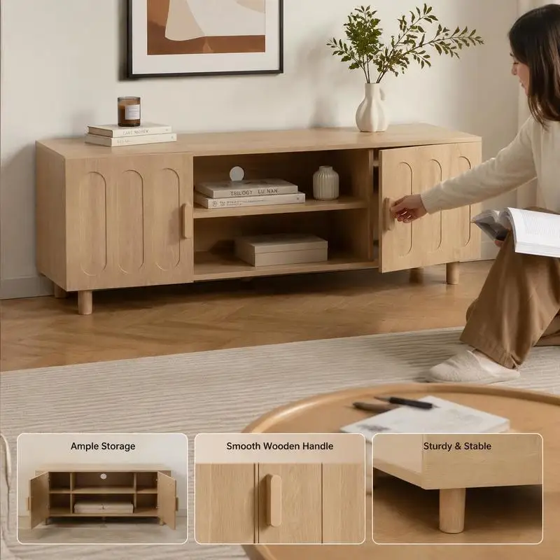 Mueble para TV Moderno de Mediados de Siglo de 140 cm con Almacenamiento, Consola Multimedia con Acabado en Roble para TV de 55 a 65 Pulgadas, Mueble para Sala de Estar y Dormitorio