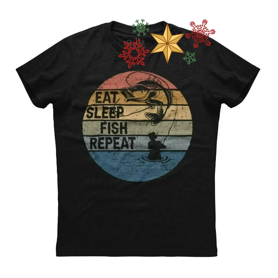 Eat Sleep Fish Repeat Fishing Passion Mens Short Sleeve New Cotton Black T-shirt