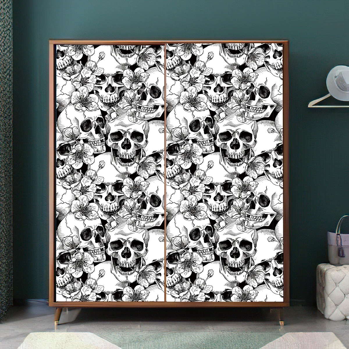 1pc Halloween Skull Floral Peel and Stick Wallpaper, Self-Adhesive, Removable, Bedroom Wall Decorations, Black and White