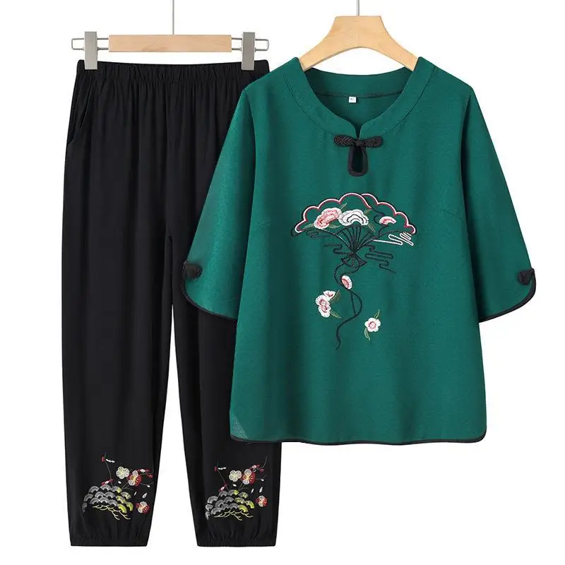 Embroidery Spring Summer Clothing For Middle-aged Mother Two Piece Set For Women Outfit Half Sleeve Top Pant Sets Grandma Suit