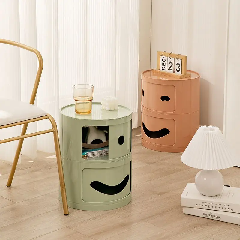 Double Tier Storage Cabinet ,Smiling Face Bedside Table ,Living Room Small Round Cabinet with Sliding Door ,Plastics Bed Cabinet