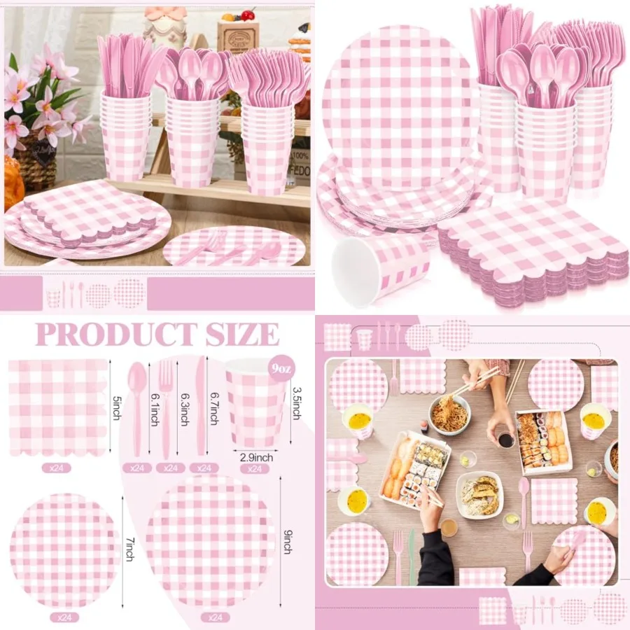

168 шт. Набор принадлежностей для вечеринок в клетку для 24 гостей, включая одноразовые бумажные тарелки, ножи, ложки, вилки, салфетки и чашки с Ch