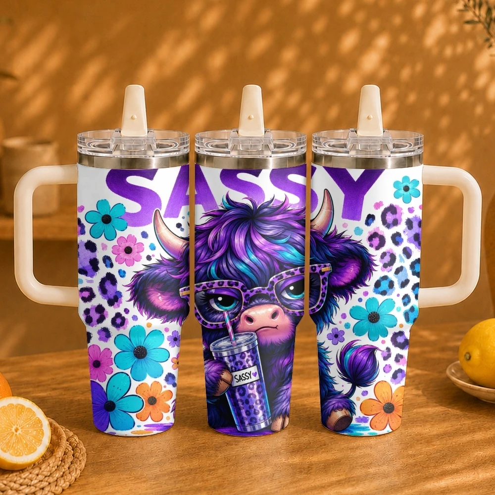 Cool High Mountain Cattle Vacuum Flasks 40oz Vacuum Insulated Travel Mug - Stainless Steel Straw Cup Lid