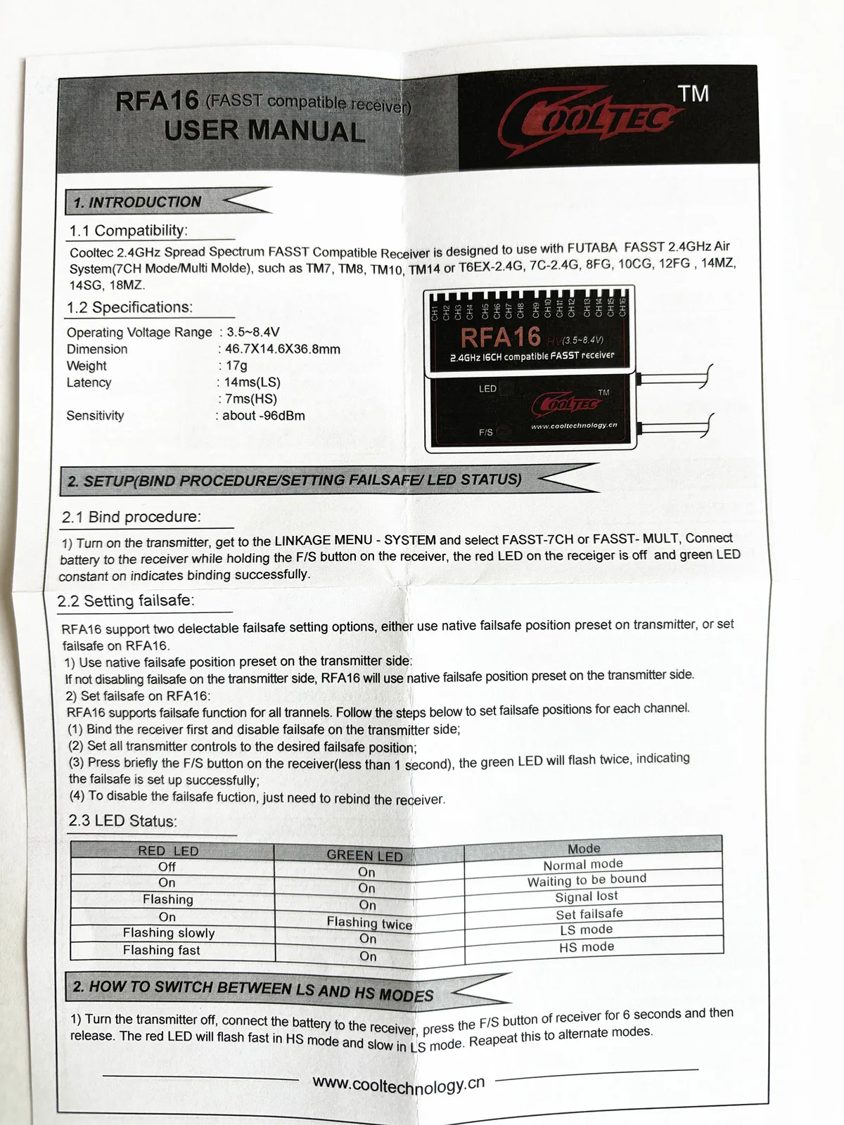 Futaba Cooltech RFA16  2.4Ghz16CH  FASST Compatible Receiver HV 3.5-8.4V For14SG/16SZ/18SZ Transmitter RC Aircraft Car/Boat Part