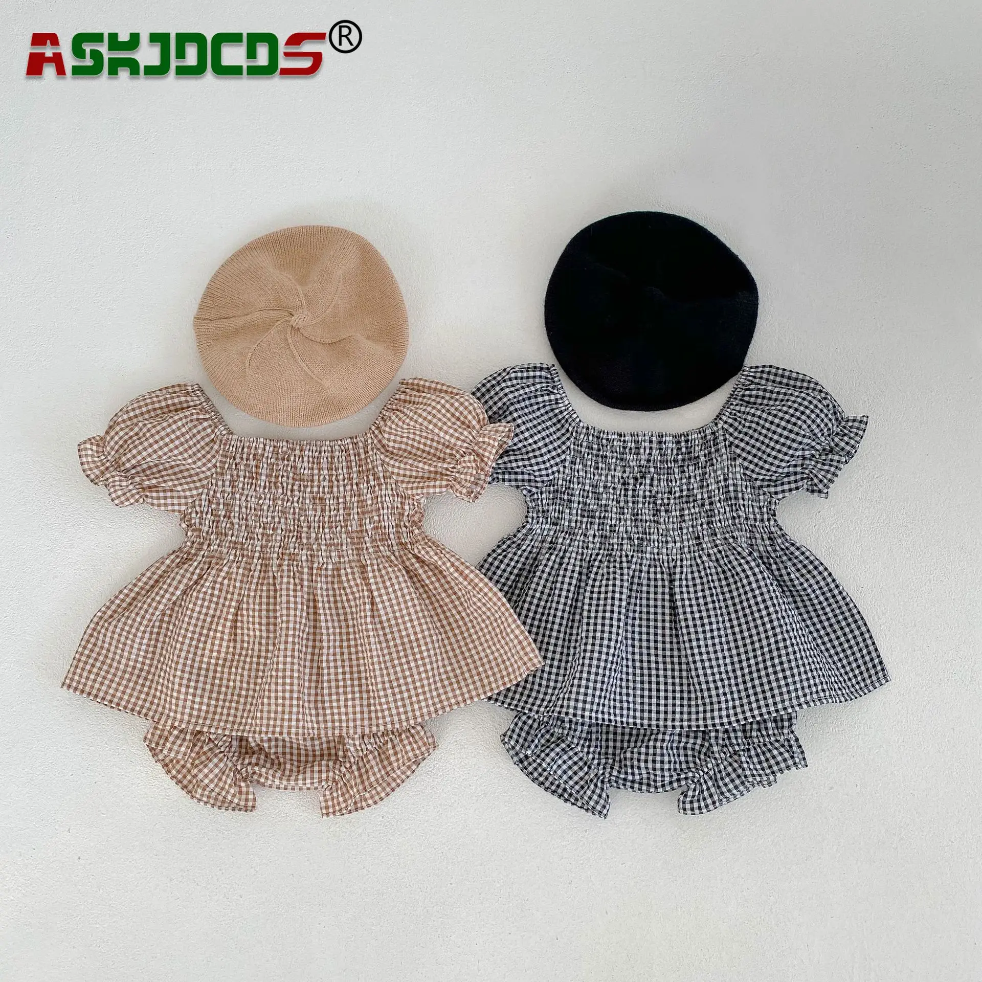 Summer Casual Clothing Set 2pcs Kids Baby Girls Puff Sleeve Plaid Top Loose T-shirts + Ruched Lantern Shorts Infant newborn