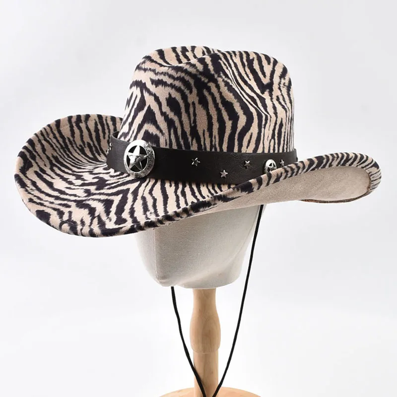 Unisex Striped Zebra Patterned Western Cowboy Hat Vintage Big-edge Gentleman Cowgirl Jazz Hat Cloche Church Sombrero Hombre Caps