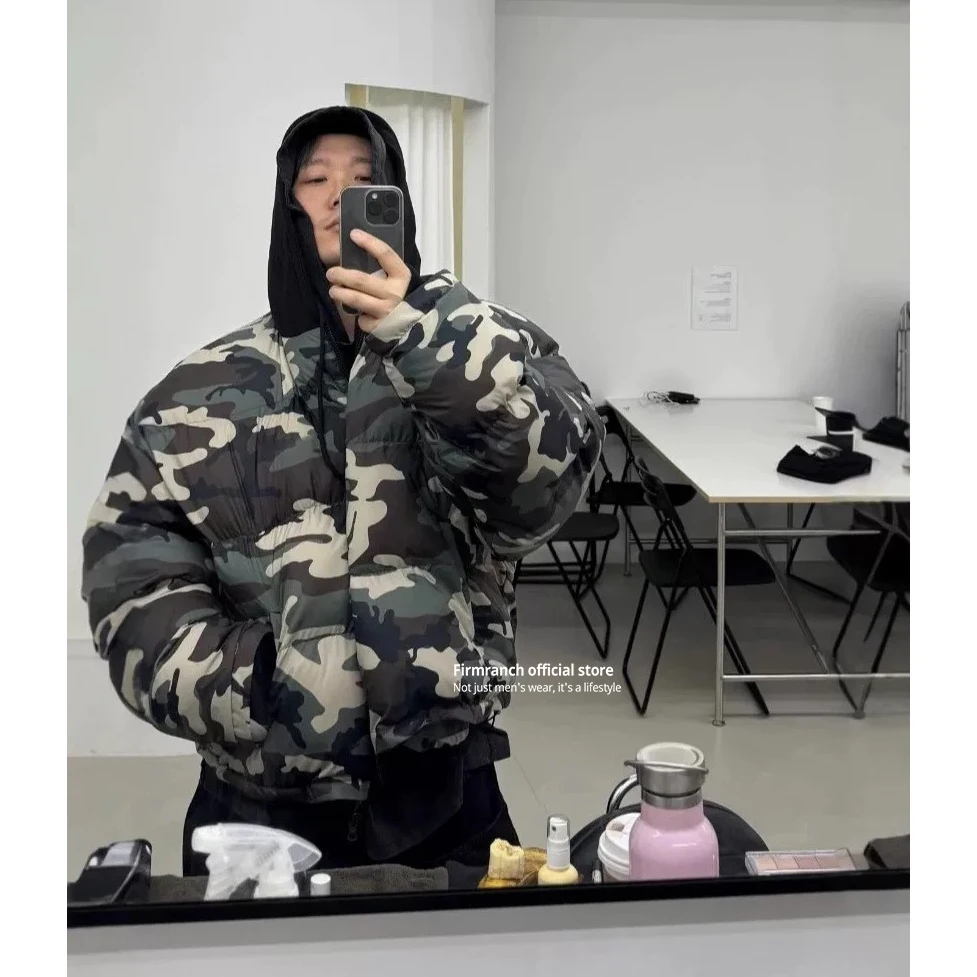 Firmranch Dark Green Camouflage Reversible Cotton Padded Jacket For Men Women Winter Hooded Thick Bread Coat High Street Outfits