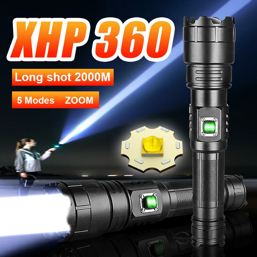 High Power Flashlight XHP360 LED Torch Rechargeable Lamp Zoomable Torch Light Camping Lamp Waterproof Light Tactical Lantern