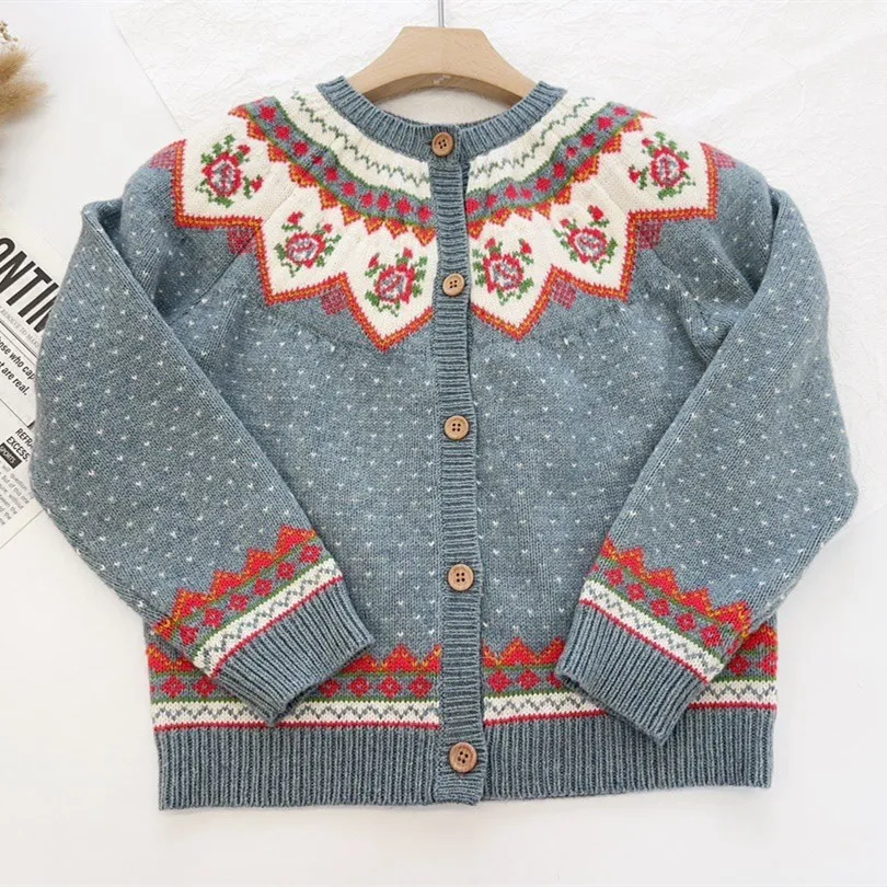 spring kids girls clothes baby sweaters girls coat Vintage Pattern French Countryside Style Girls' Knitted Cardigan