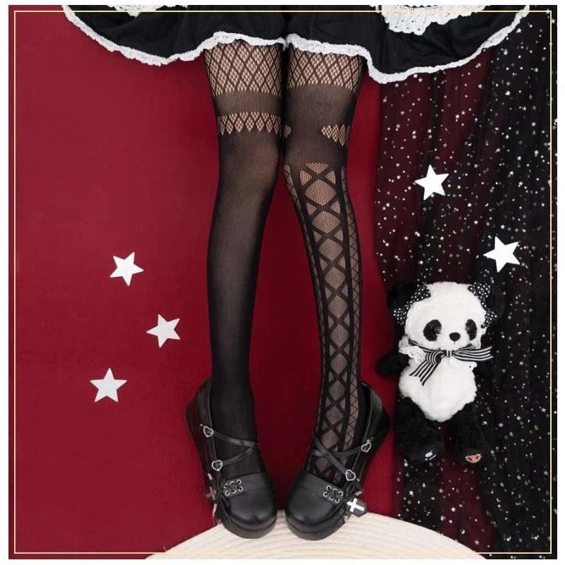 Dark Gothic Cross Fishnet Tights, Lolita Hollow Out Pantyhose for Y2K Aesthetic Outfit