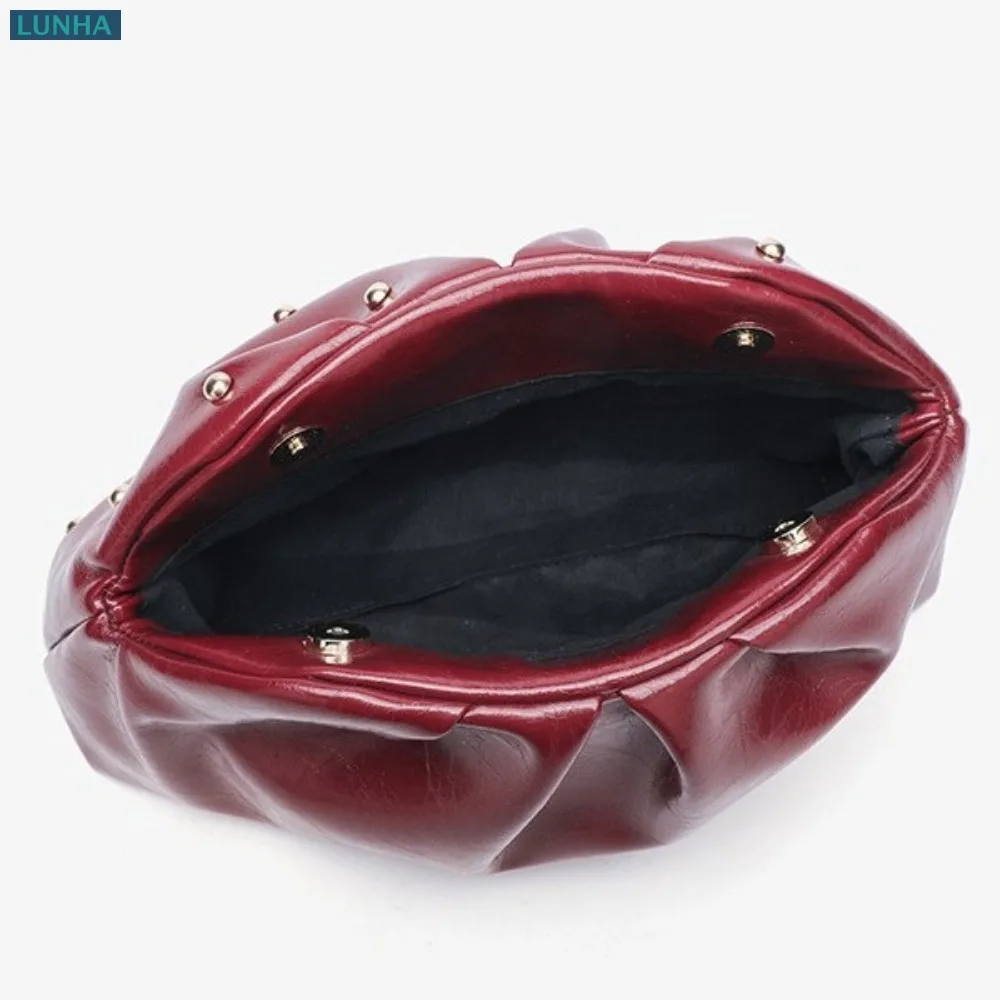 Vintage Burgundy Studded Cloud Clutch Women Glossy PU Ruched Evening Bag Stud Chain Crossbody Large Capacity Purse