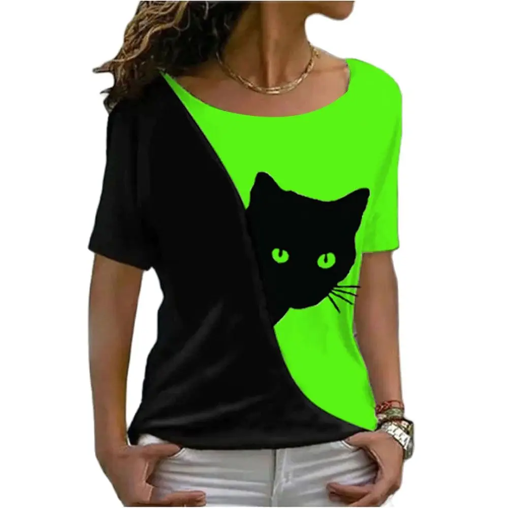 Fashion T-shirts For Women Harajuku Casual Tops 3D Kawaii Cat Printing Oversized Female Funny Short Sleeve Tees Summer Tops 2024