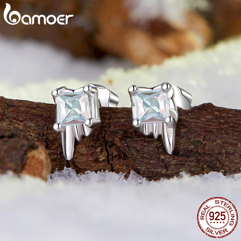 BAMOER 925 Sterling Silver Ice Cube Earrings, Sparkly Winter Ice CZ Christmas Stud Earrings Gifts for Women BSE1133