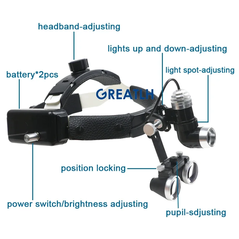 Dental Loupe with Two Batteries Medical Binocular Magnifier Helmet Loupes Wide Field of View Dental Instrument 2.5X/3.5X