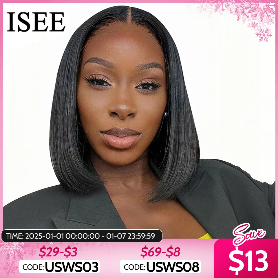 ISEE HAIR Wear And Go Glueless Human Hair Wig Bob HD Lace Straight Short Bob 6x4 Lace Frontal Pre Plucked Human Wigs Ready To Go