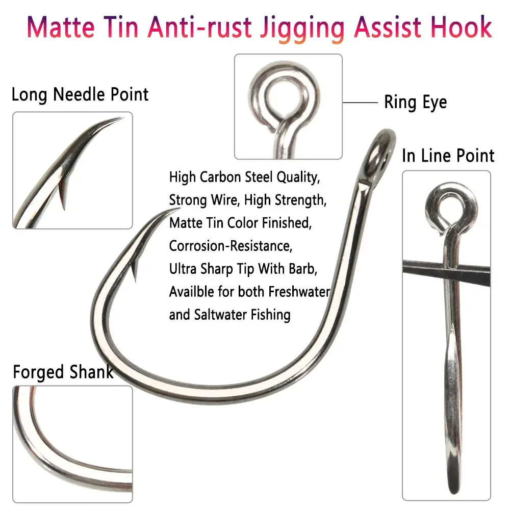 10PCS 1# 1/0 2/0 3/0 4/0 5/0 Matte Tin Anti-rust Jigging Assist Hook High Carbon Steel Saltwater Fishhooks Barbed Lure Hook